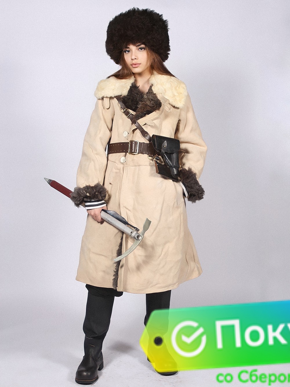 Тулуп армейский постовой караульный до колен (бекеша) белого цвета с тёмным мехом